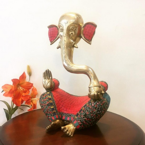 15” LORD GANESH BRASS IDOL - DESIGNER HANDCRAFTED TURQUOISE INLAY - DECORATIVE FIGURINE